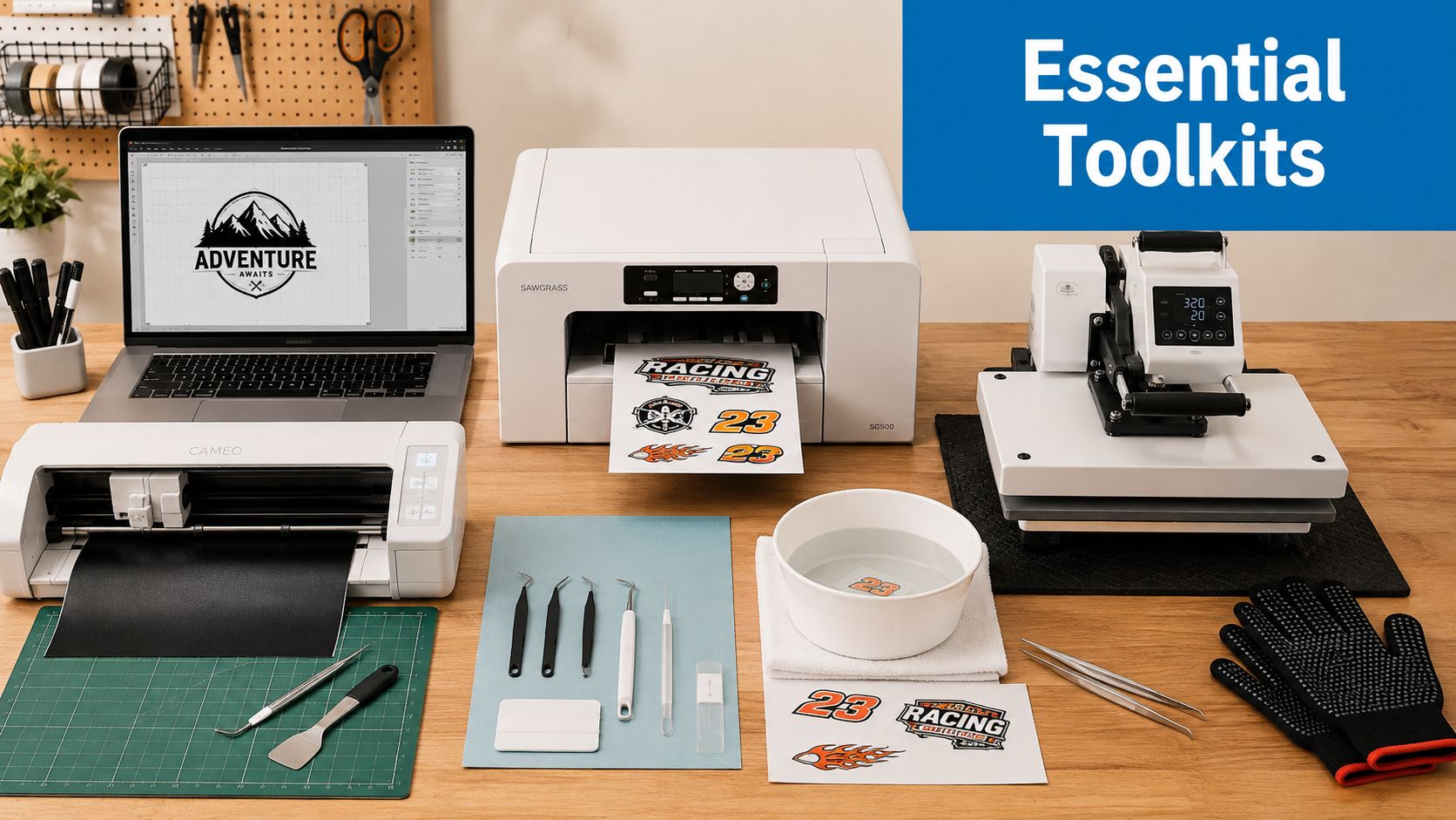 A crafting workspace with a laptop, printer, heat press, and various tools for making custom decals.