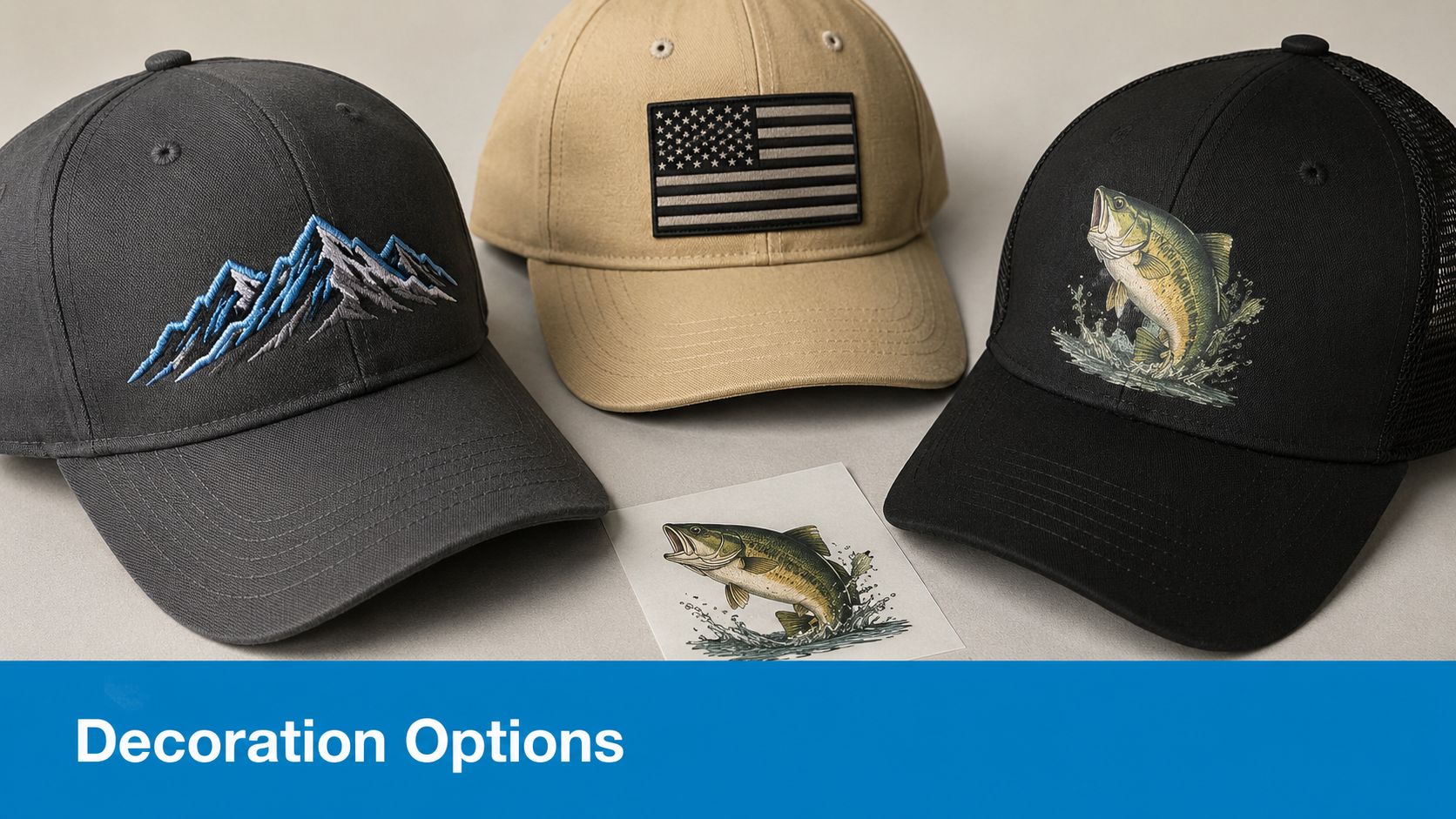 Three different baseball caps displayed on a neutral background, showcasing various embroidered and printed design customization options.