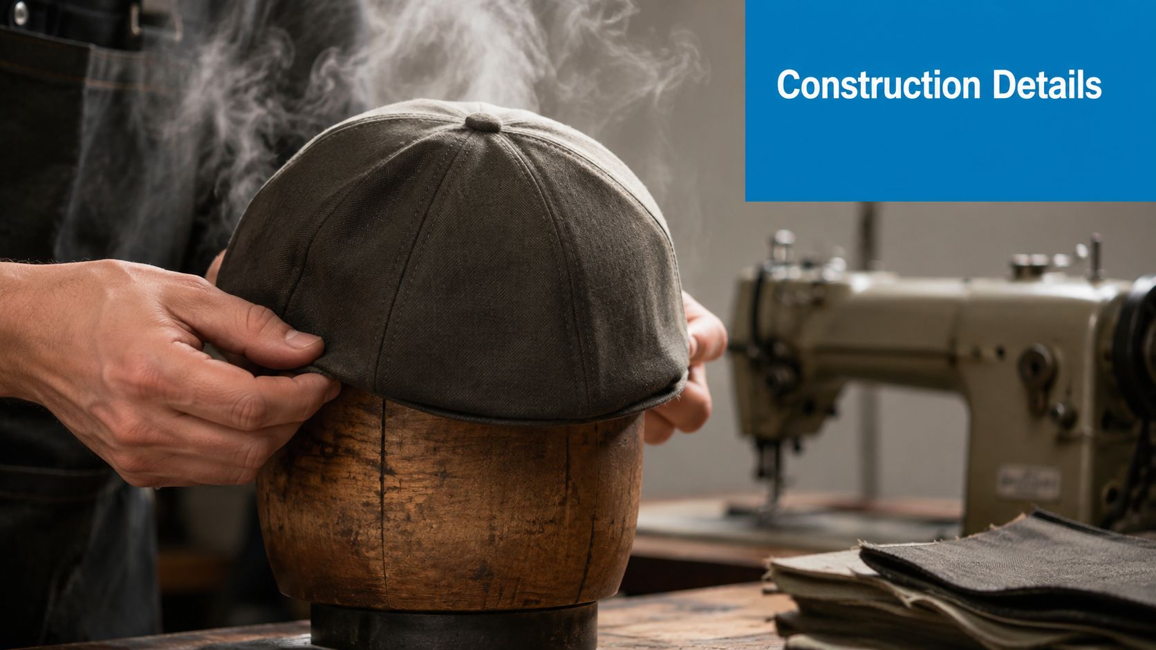 A craftsman steaming and shaping a handmade fabric hat on a wooden block in a workshop.