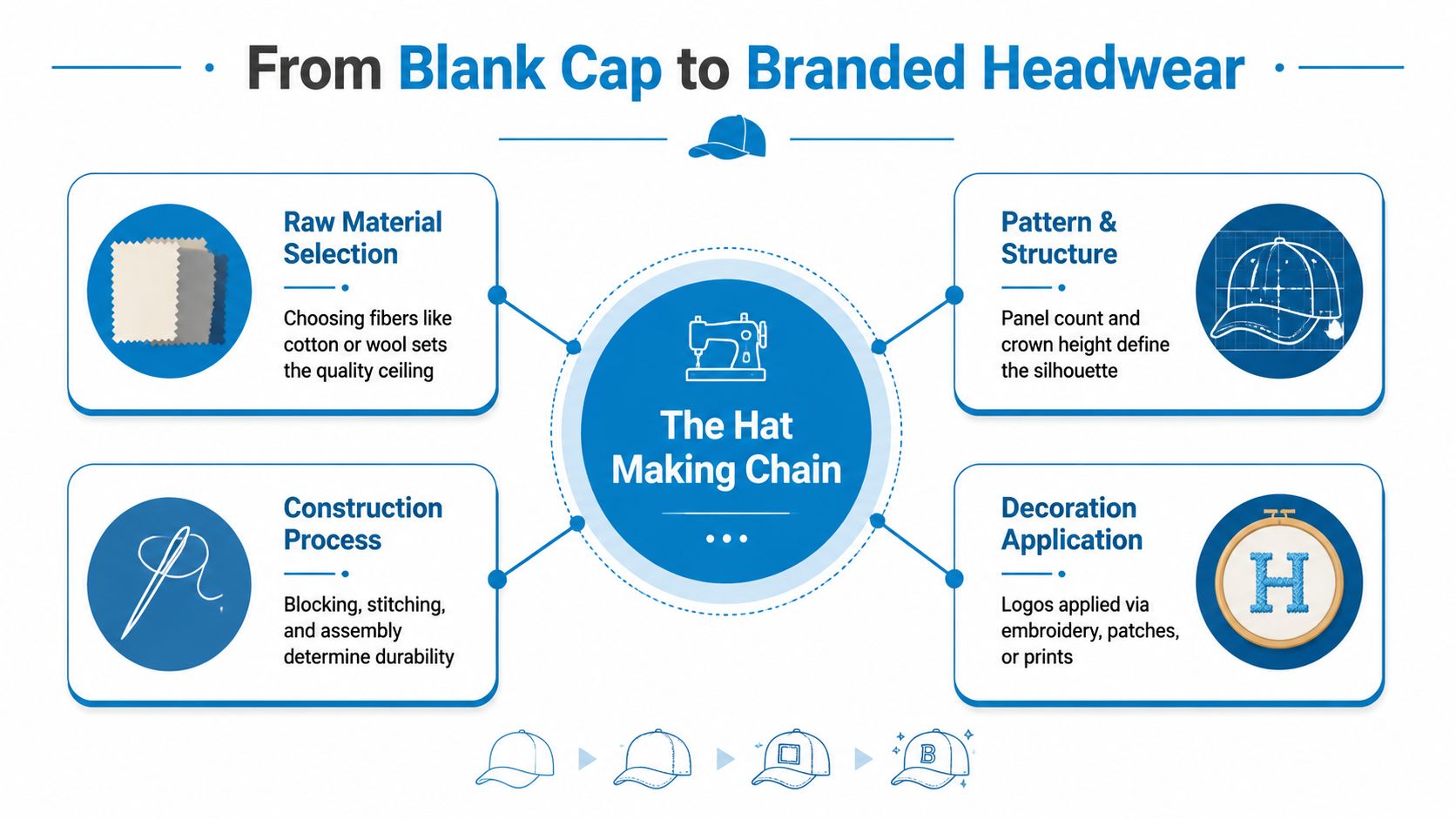 An infographic showing the four key stages of the hat manufacturing process from materials to final branding.