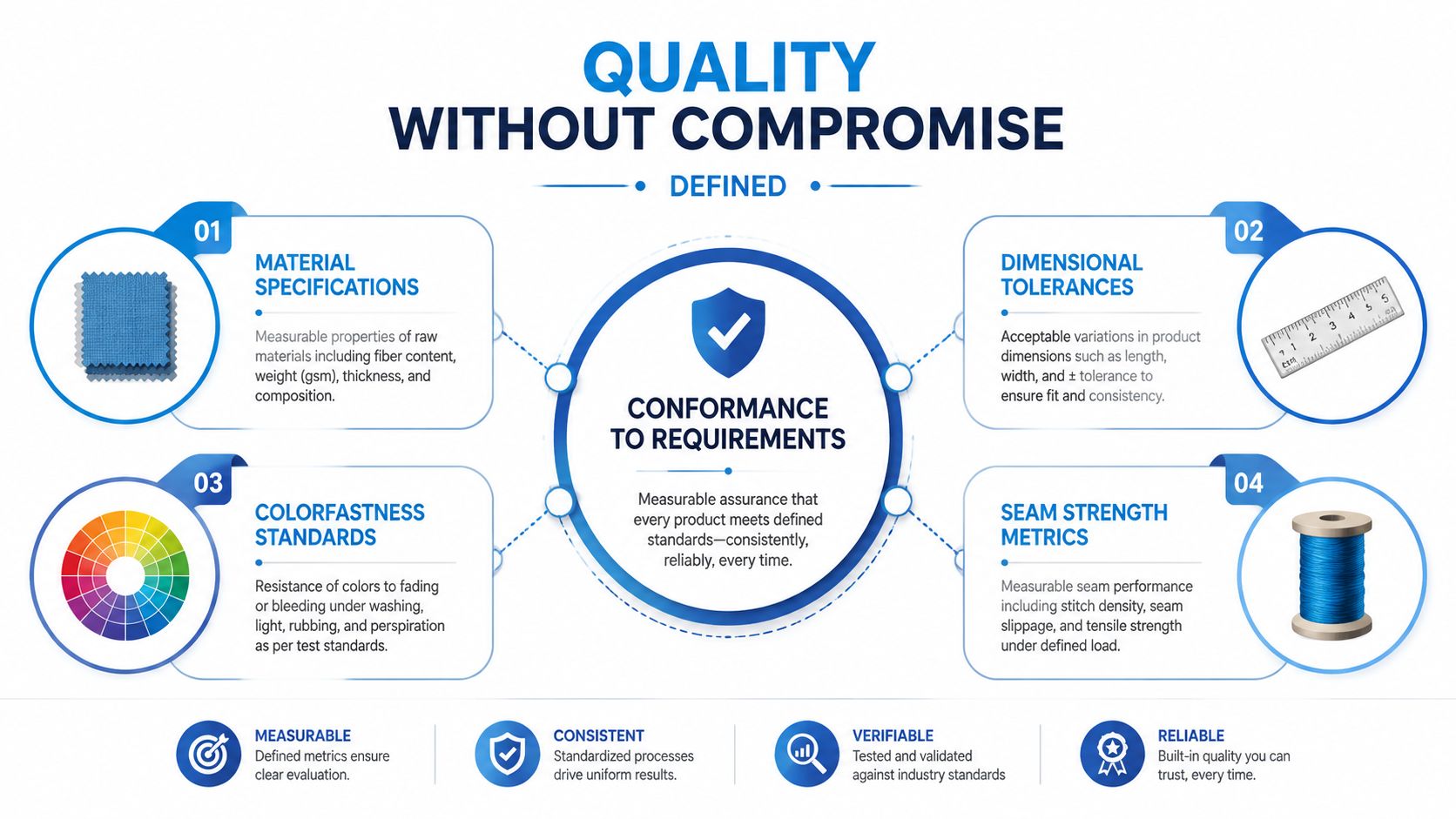 A professional infographic titled Quality Without Compromise detailing four key manufacturing standards for textile product quality assurance.
