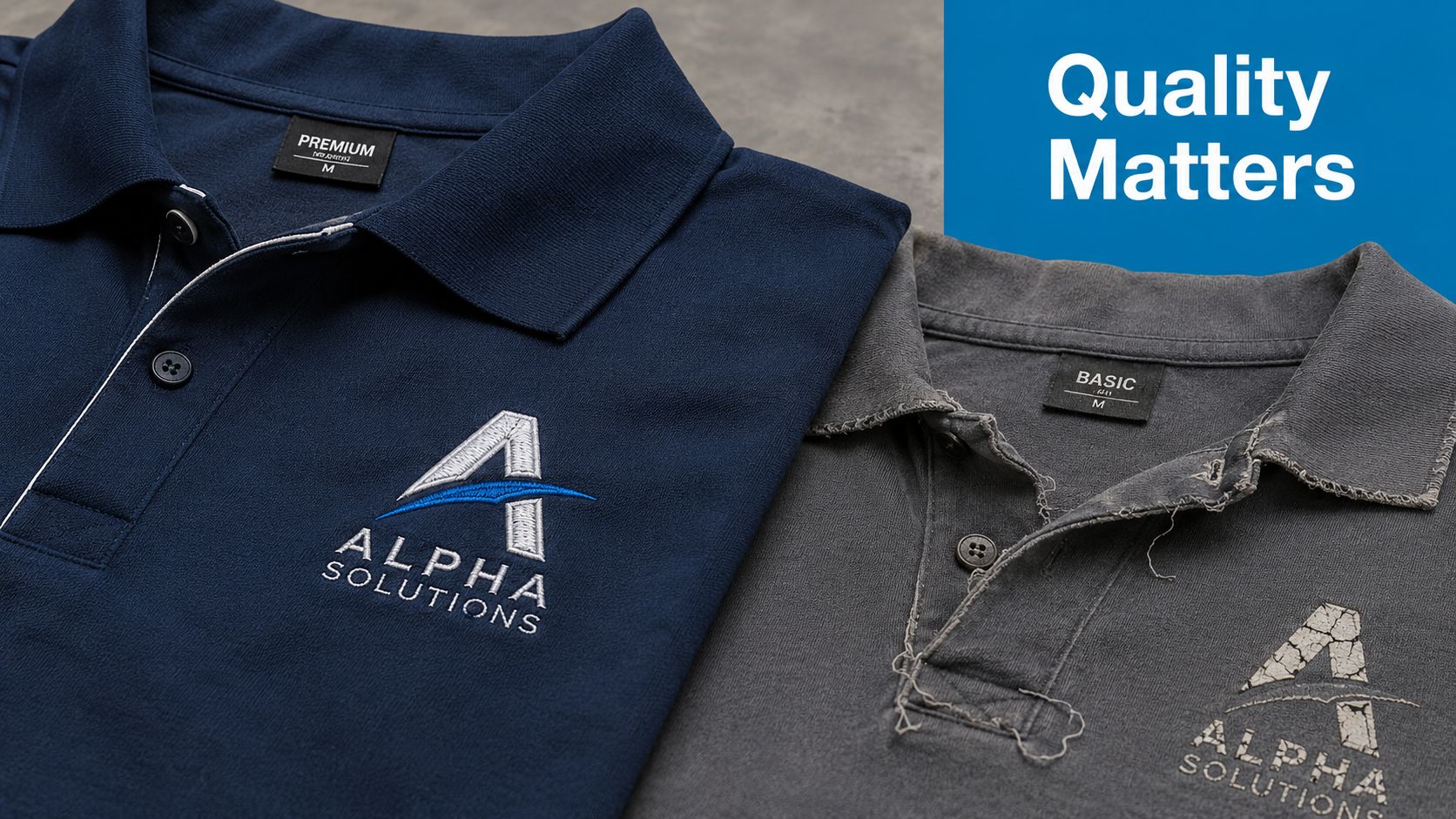 Comparison of a high quality premium polo shirt versus a worn basic quality polo shirt.