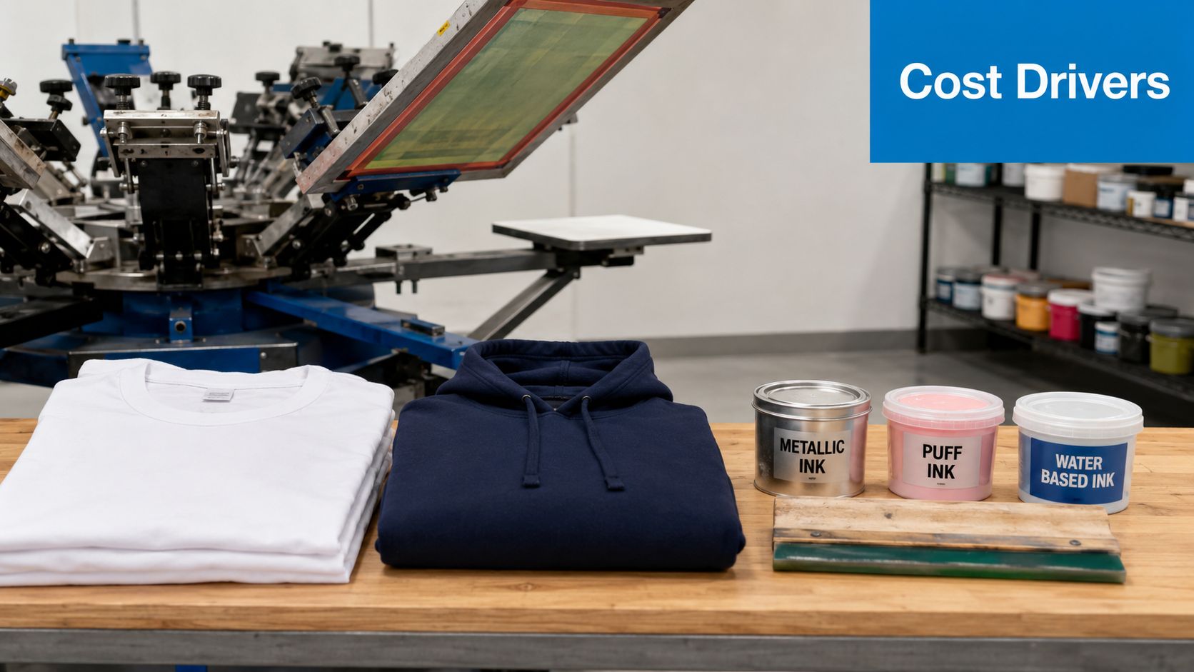 A professional screen printing workshop with apparel, ink containers, and printing equipment on a wooden table.
