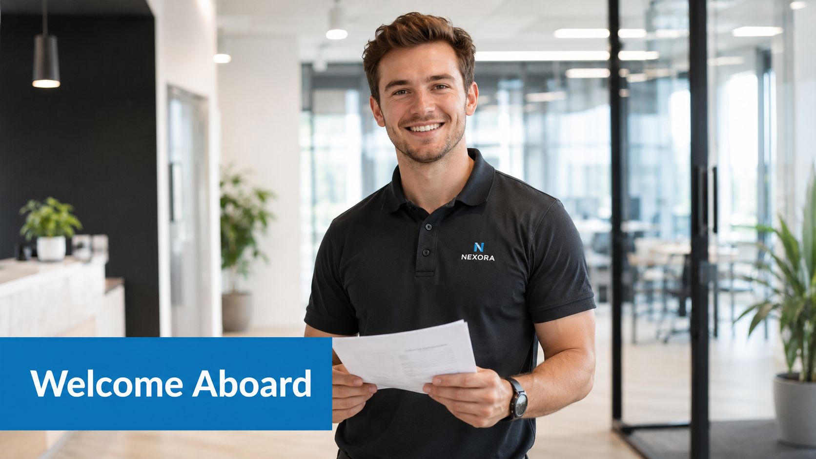 A smiling young man wearing a black Nexora polo shirt holding paperwork in a modern office environment.