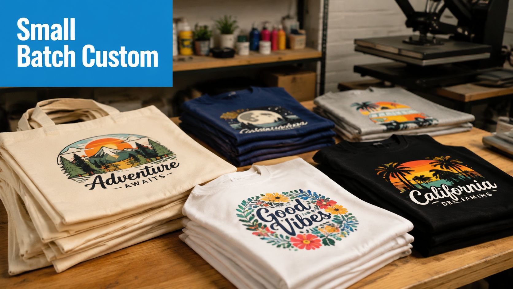 A workshop table filled with stacks of custom printed t-shirts and tote bags showcasing various graphic designs.