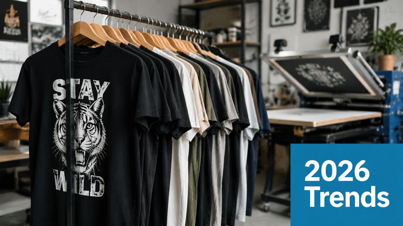 A rack of black t-shirts featuring a tiger graphic inside a professional screen printing workshop studio.