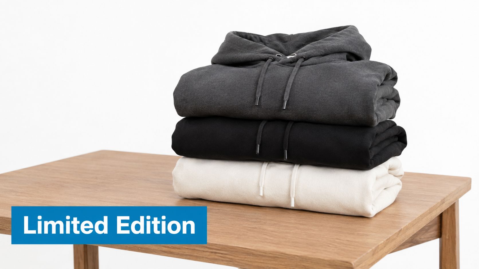 A stack of three folded hoodies in charcoal, black, and cream colors resting on a wooden table.