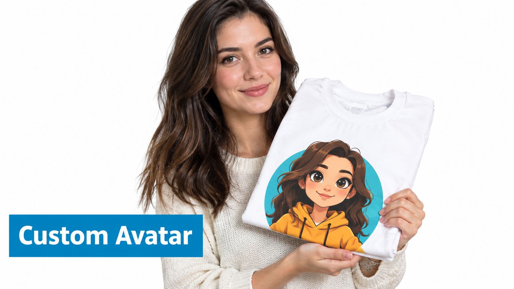 A smiling woman holding a folded white t-shirt featuring a cartoon illustration of a girl.