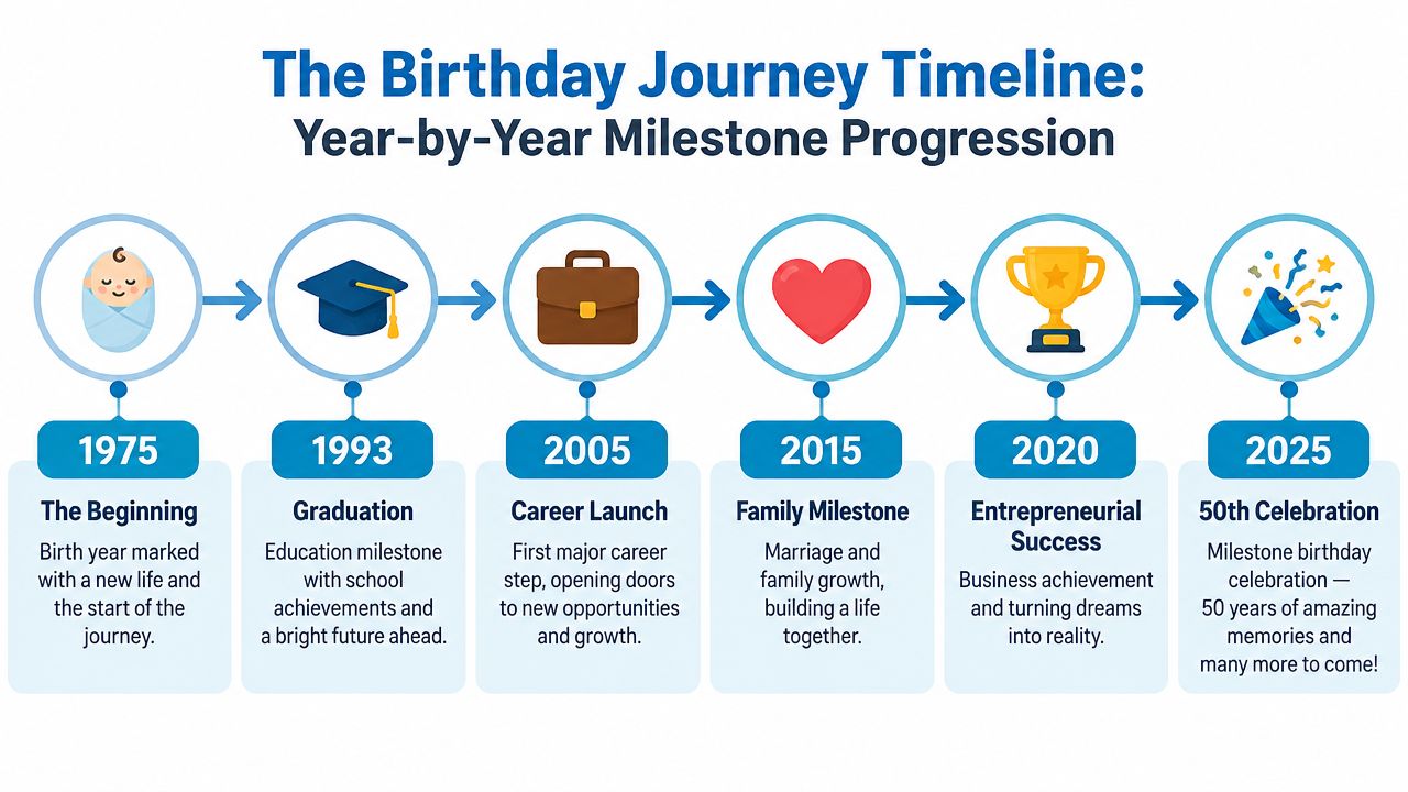 A timeline graphic depicting major life milestones from birth in 1975 to a 50th birthday in 2025.