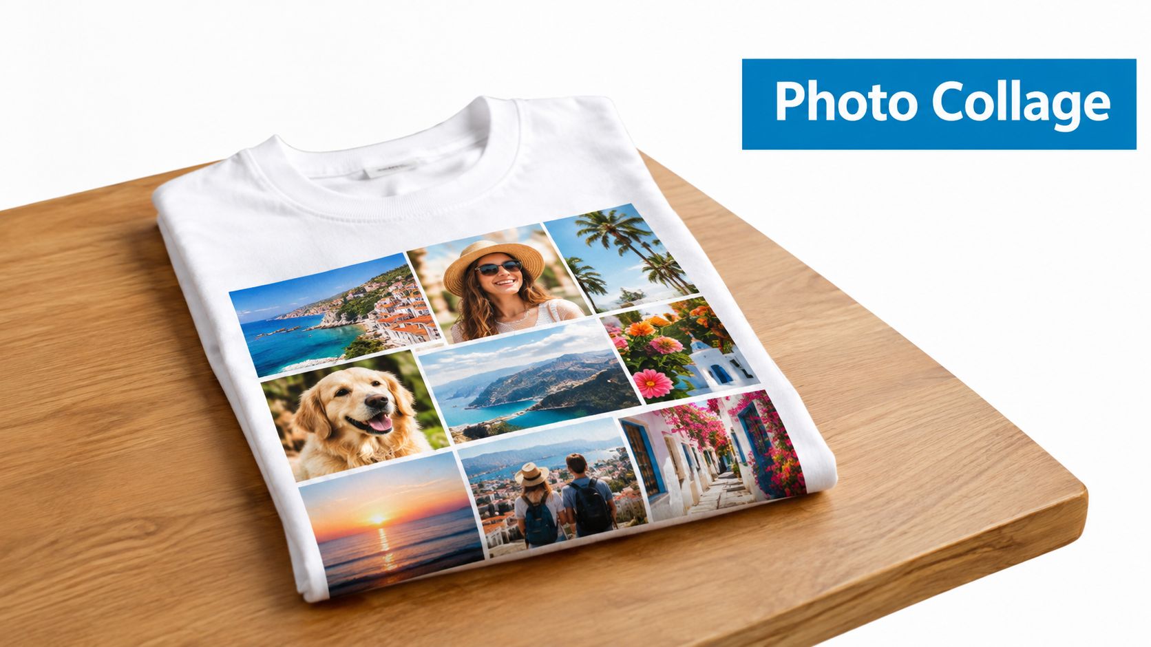A custom white t-shirt laid on a wooden table displaying a photo collage of vacation memories.