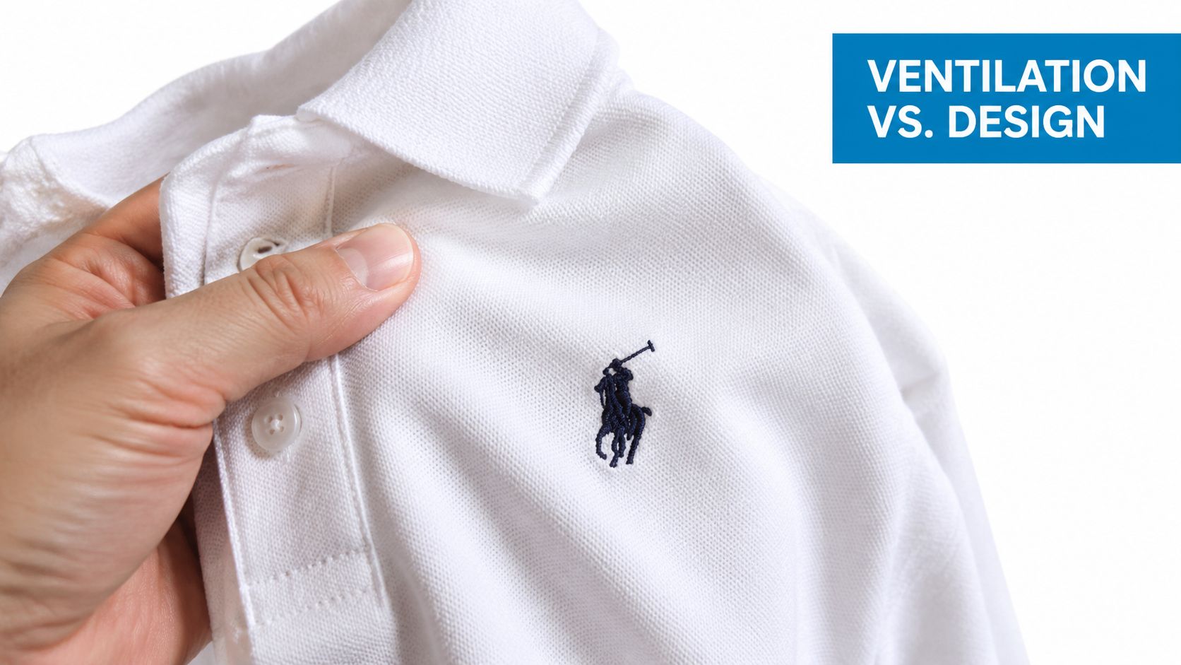 A close-up of a white Ralph Lauren polo shirt showing its fabric texture and embroidered logo.