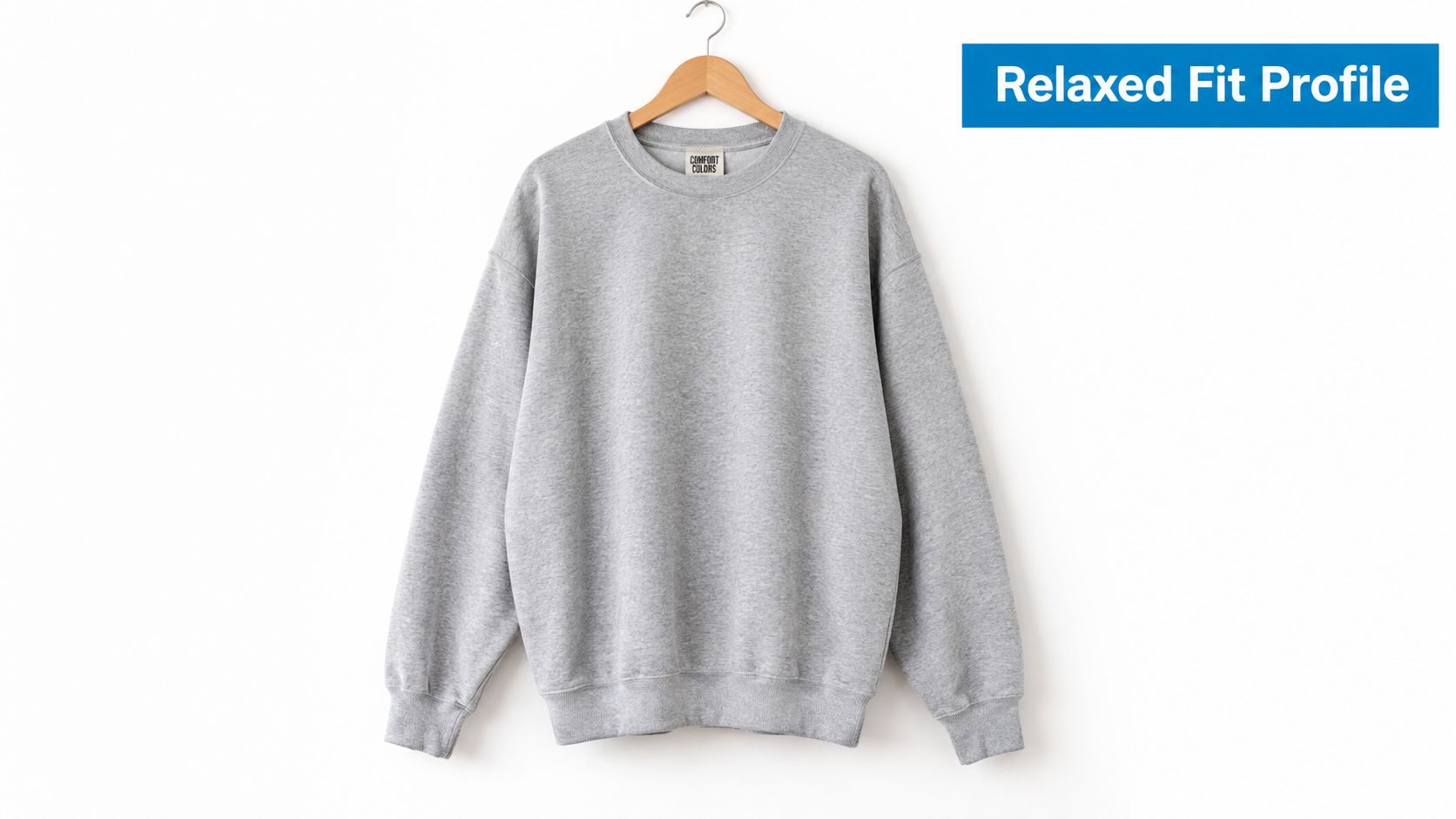 A heather grey Comfort Colors crewneck sweatshirt hanging on a wooden hanger against a plain white background.