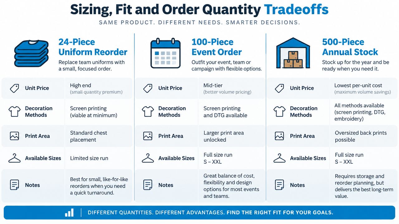 A comparison chart outlining the tradeoffs in unit pricing, decoration, and sizing for different custom apparel order quantities.