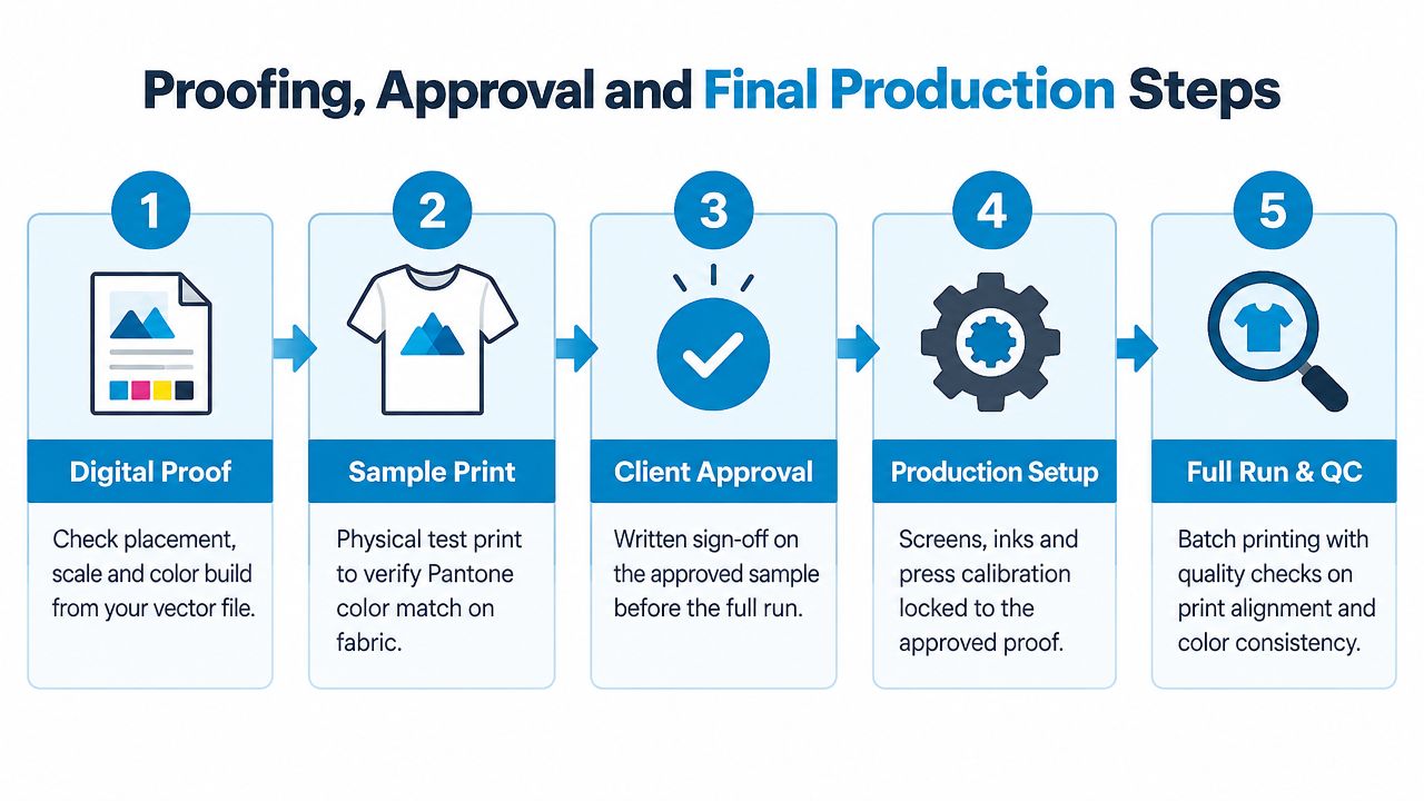 A five-step infographic showing the corporate t-shirt design proofing, approval, and final production process.