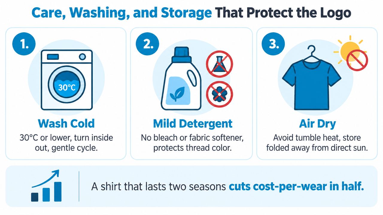 A three-step infographic showing instructions for washing, caring for, and storing custom embroidered work shirts.