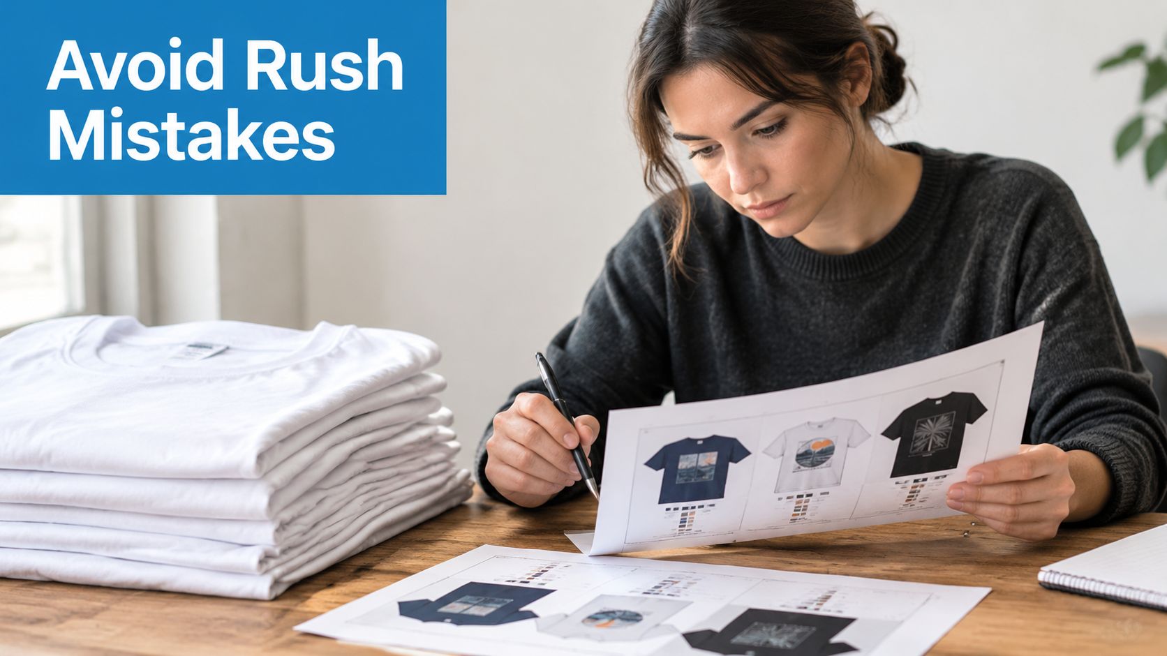 A designer reviewing t-shirt design print proofs while sitting at a wooden table with stacked shirts.