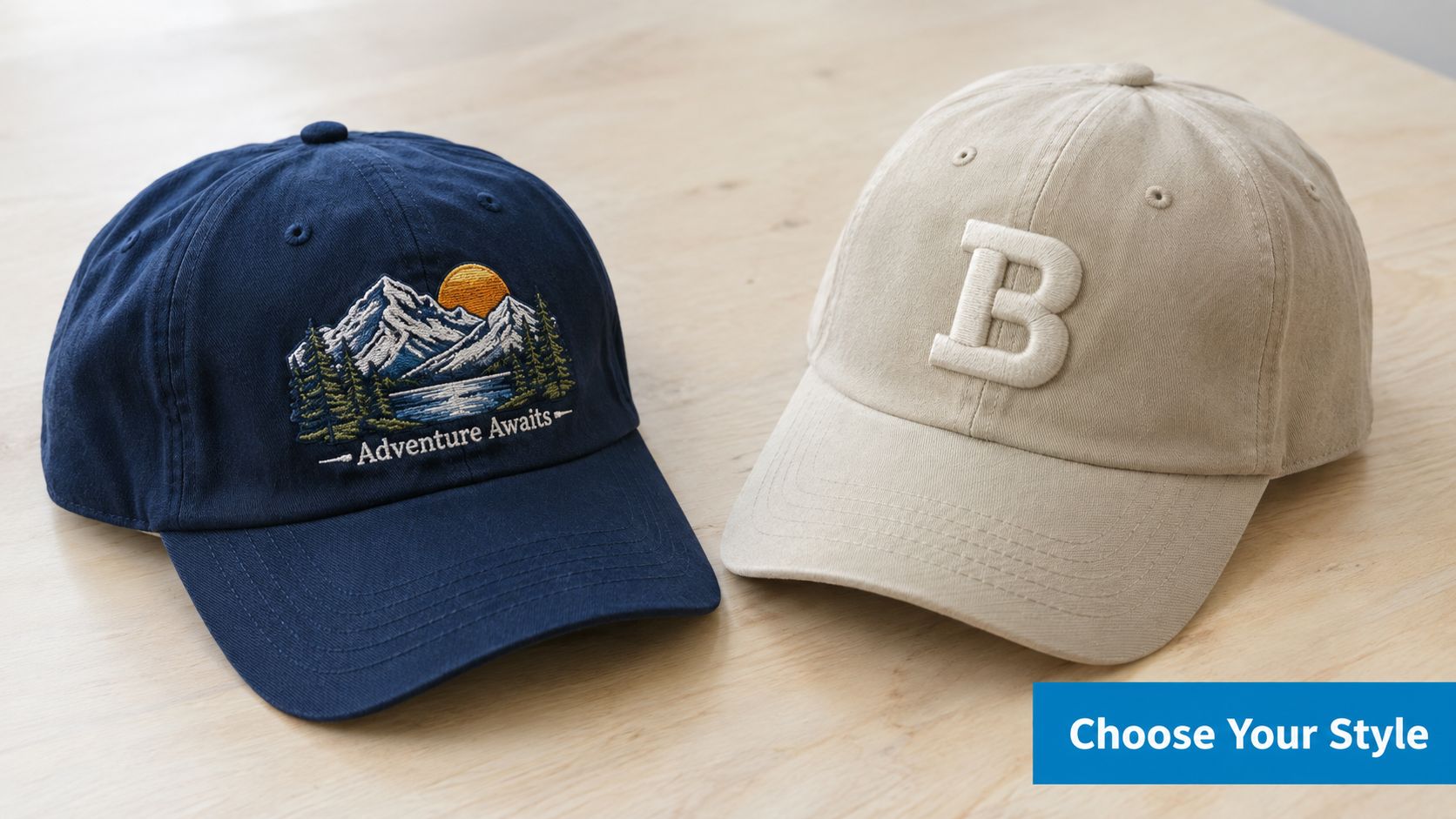 A navy blue cap with flat embroidery featuring mountains and a beige cap with 3D embroidery letter B.
