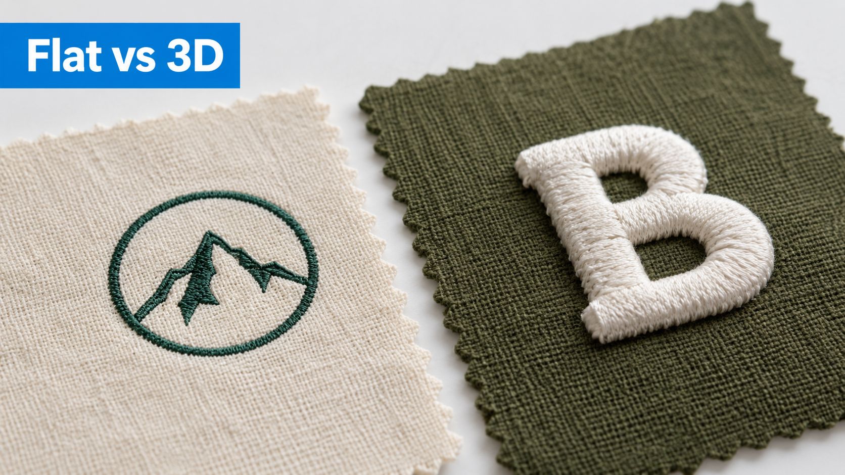 Two fabric swatches comparing flat embroidery featuring a mountain logo and 3D puff embroidery featuring letter B.