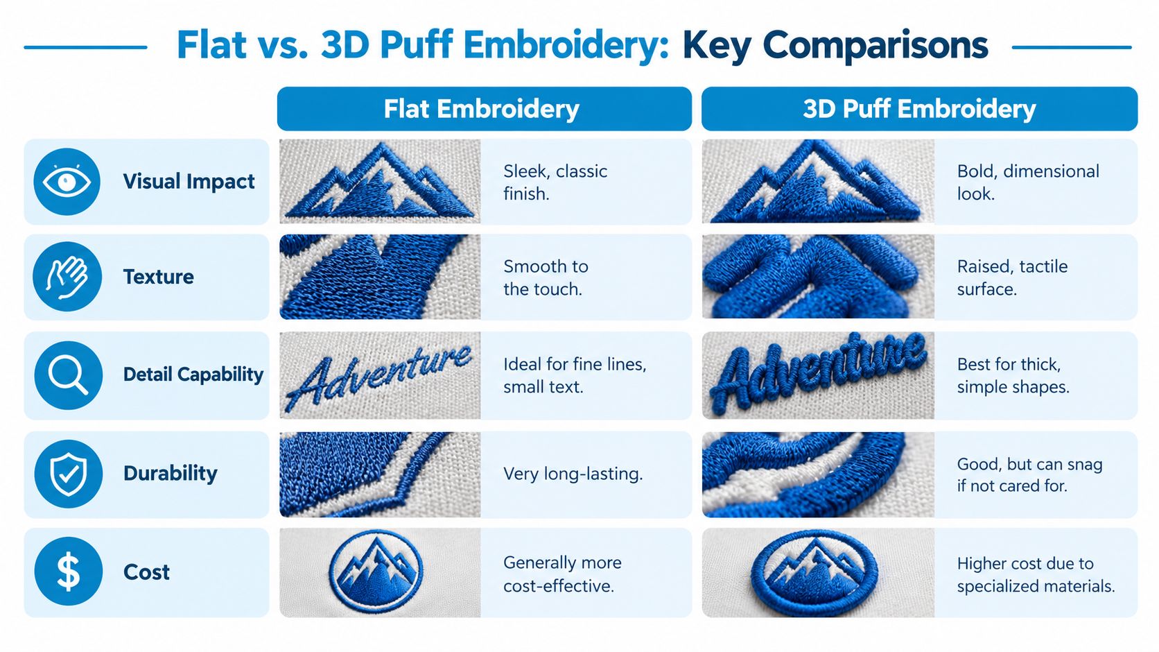 A comparison chart showing the key differences between flat embroidery and 3D puff embroidery techniques and applications.