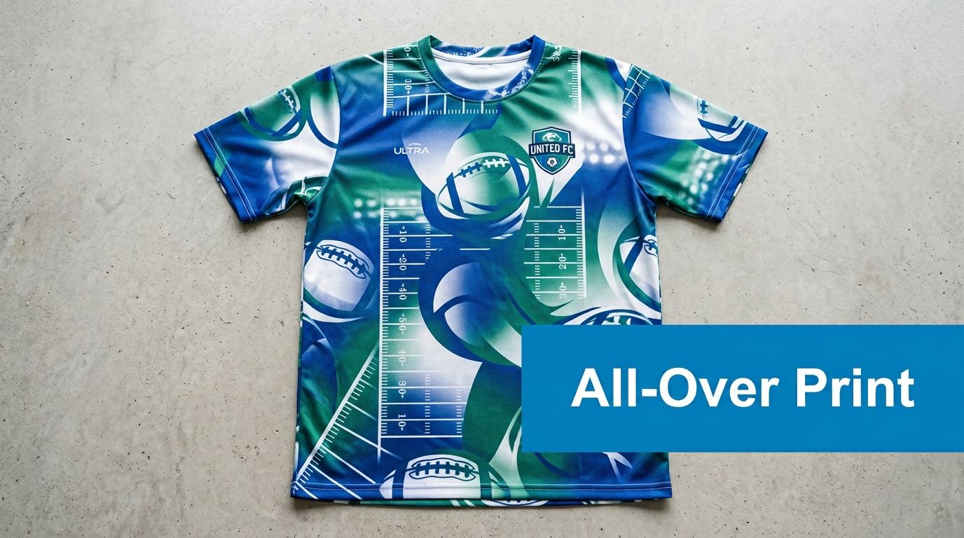 A custom blue and green jersey featuring a football-themed all-over print design with gridiron graphics.