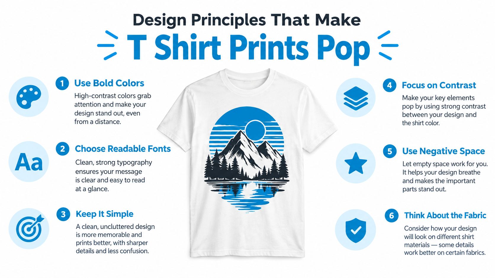 An infographic showing six essential design principles for creating eye-catching custom t-shirt prints for apparel businesses.