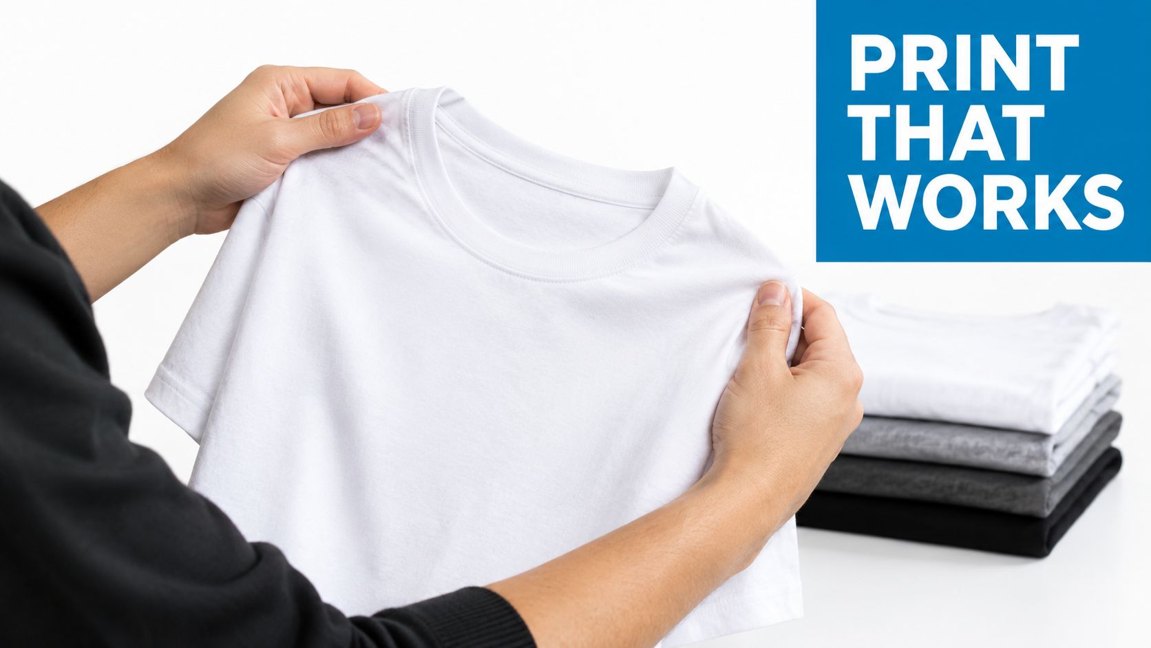 A person holding a plain white t-shirt with a stack of folded shirts in the background.