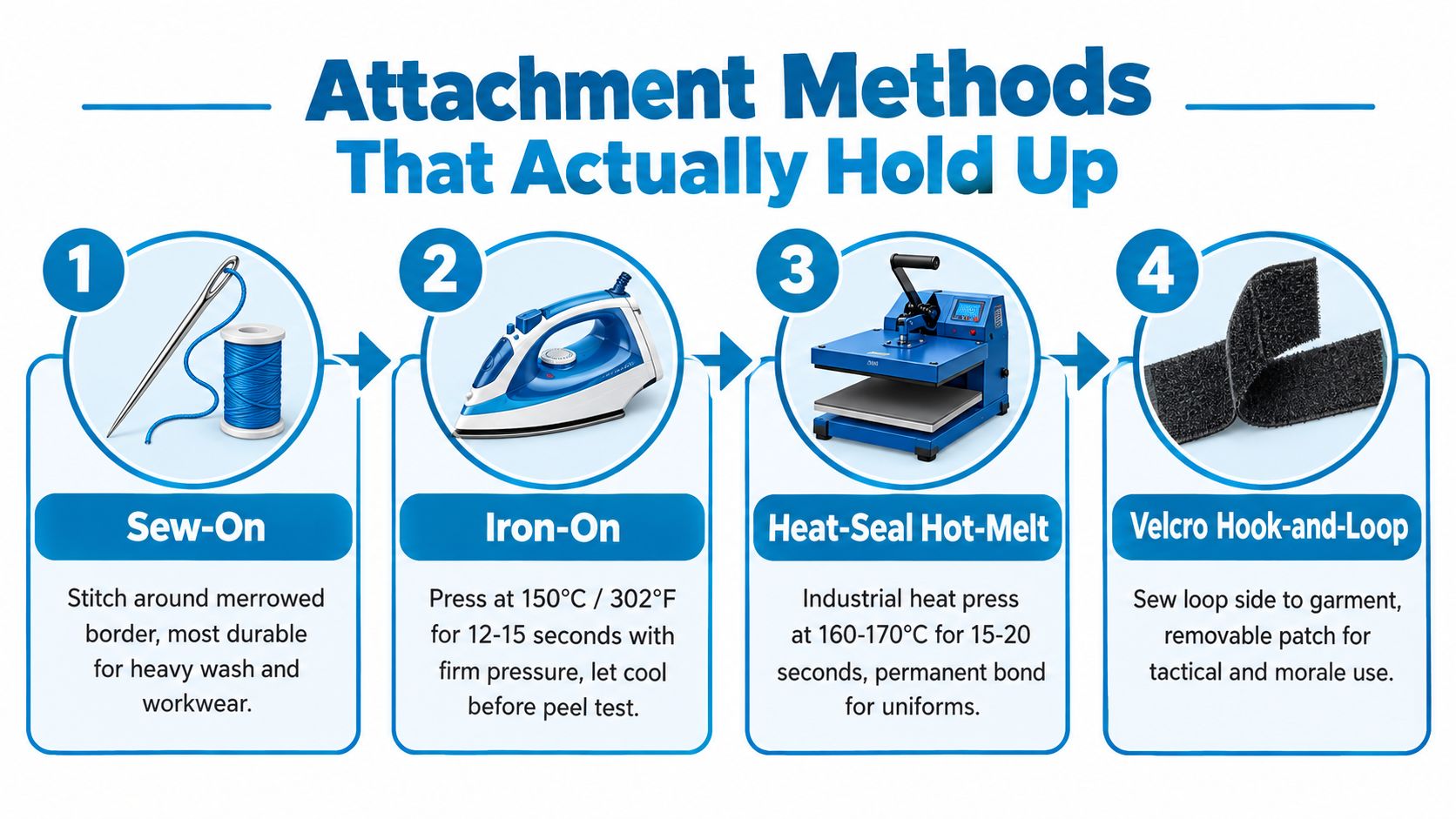 An infographic showing four common methods for attaching custom patches to clothing: sew-on, iron-on, heat-seal, and velcro.