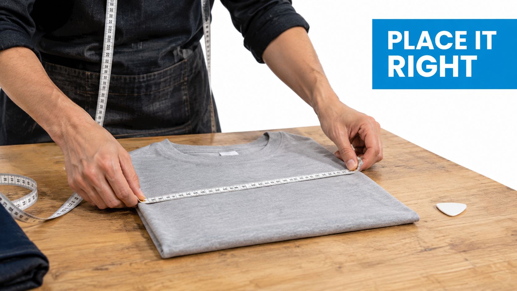 A person using a measuring tape to determine the width of a grey t-shirt on a table.