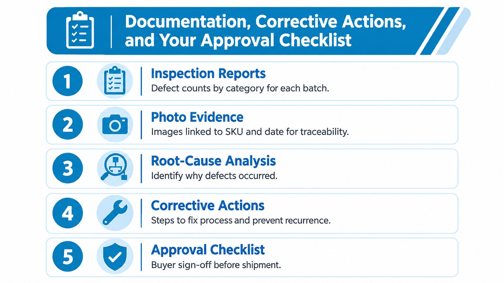 An infographic titled Documentation, Corrective Actions, and Your Approval Checklist detailing five essential quality assurance steps.