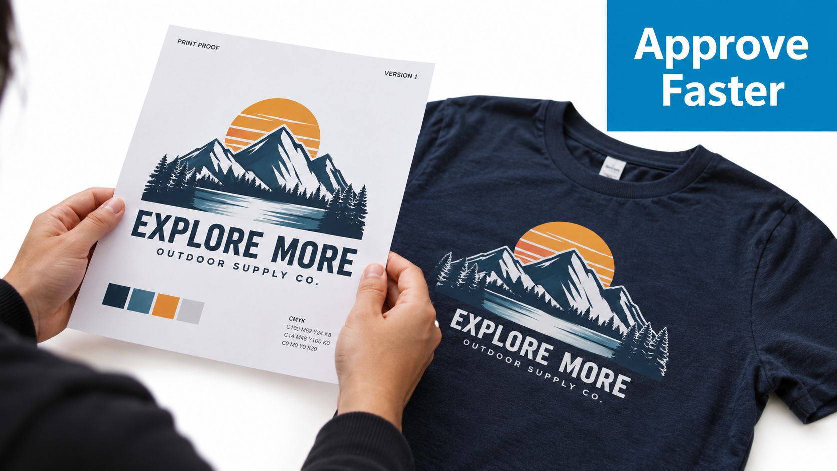 A person holding a print proof next to a dark blue t-shirt with a mountain logo design.