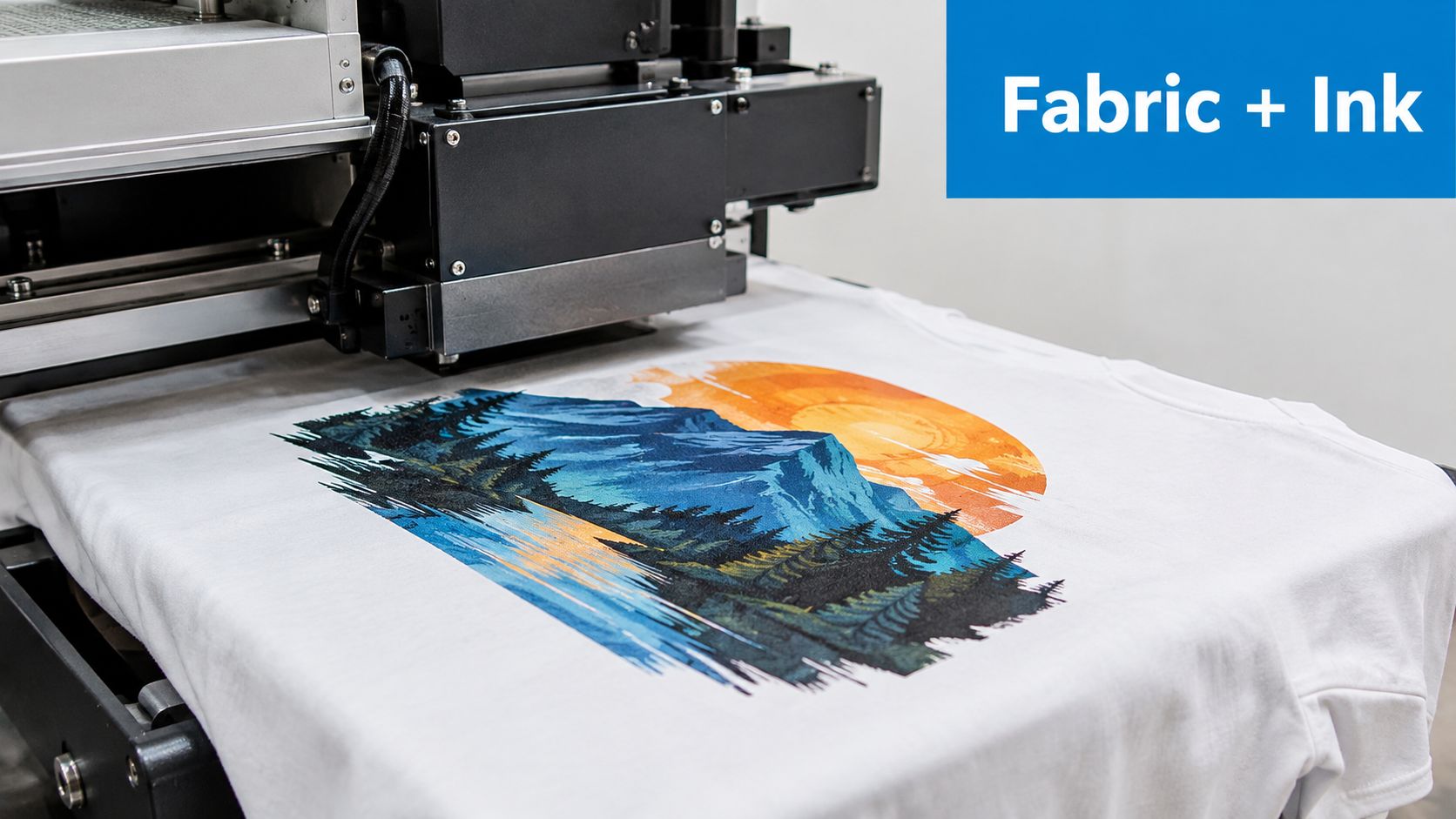 A professional digital garment printer printing a colorful mountain landscape design onto a white cotton t-shirt.