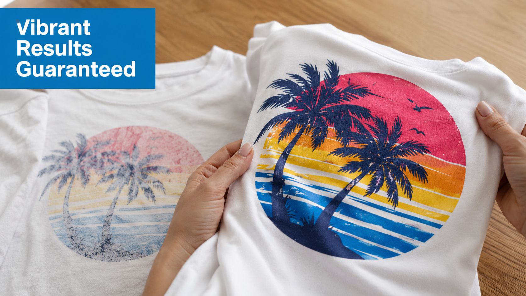 A person comparing a faded t-shirt with a vibrant, freshly printed shirt showcasing a palm tree design.