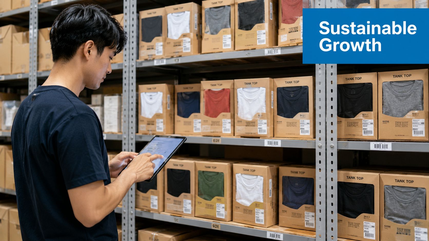 A worker in a warehouse using a tablet to manage inventory of packaged tank tops on shelves.
