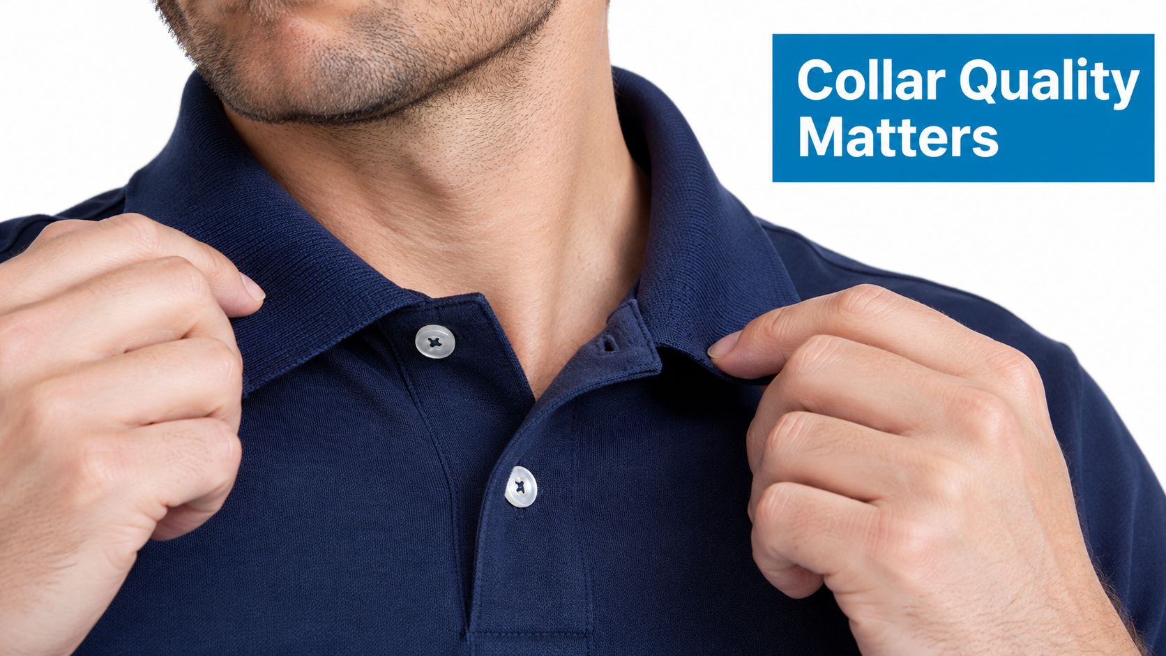A close-up of a person wearing a high-quality navy blue polo shirt, focusing on the collar fabric.