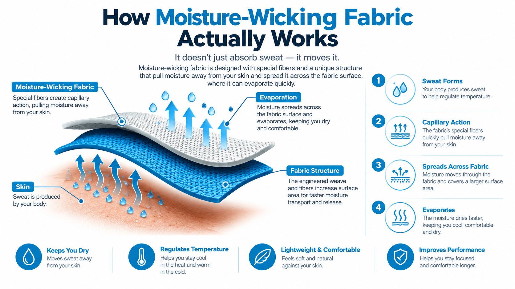 A diagram illustrating how moisture-wicking fabric pulls sweat away from the skin for faster evaporation and comfort.