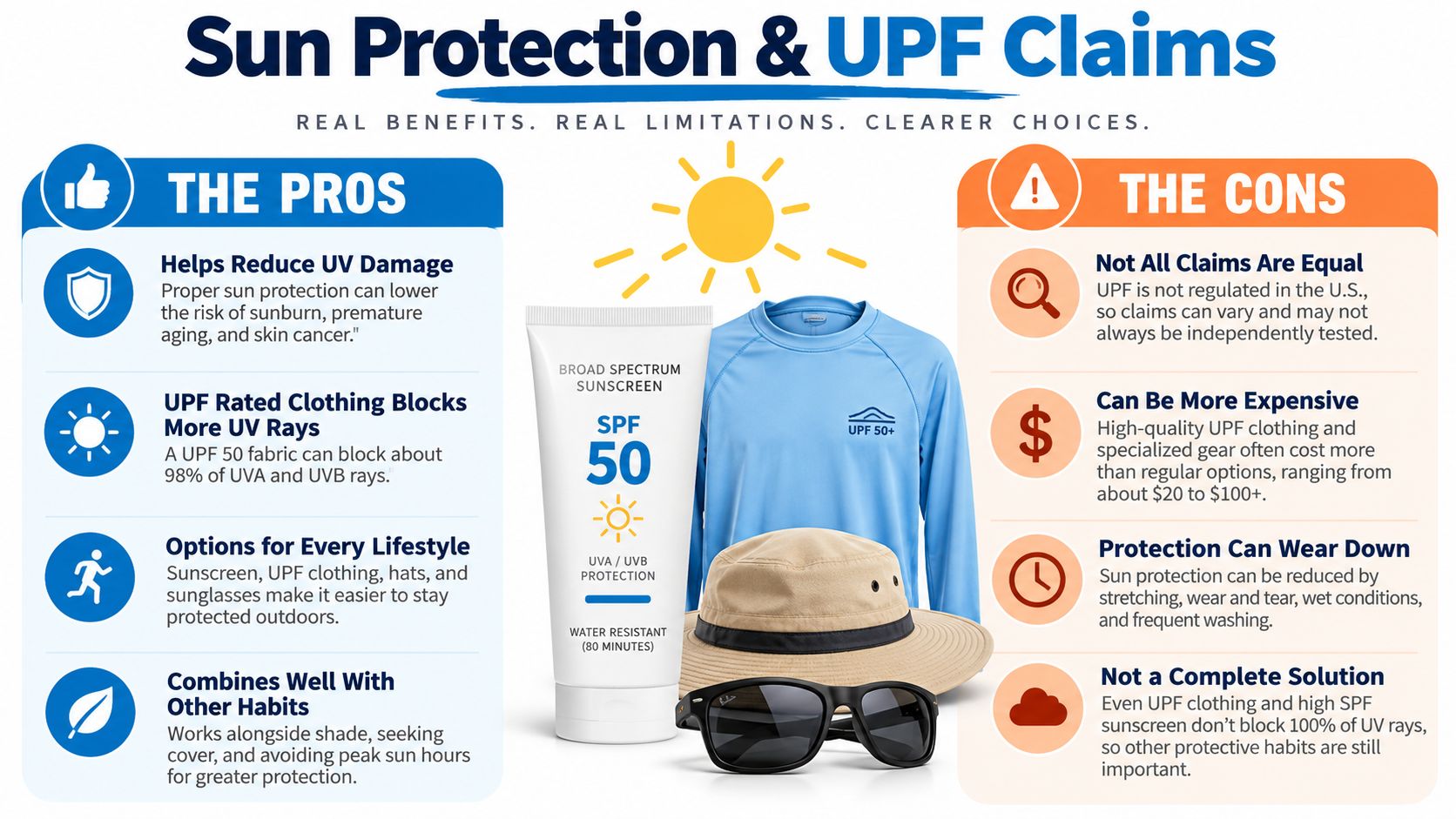 An infographic illustrating the pros and cons of sun protection methods like UPF clothing and sunscreen.