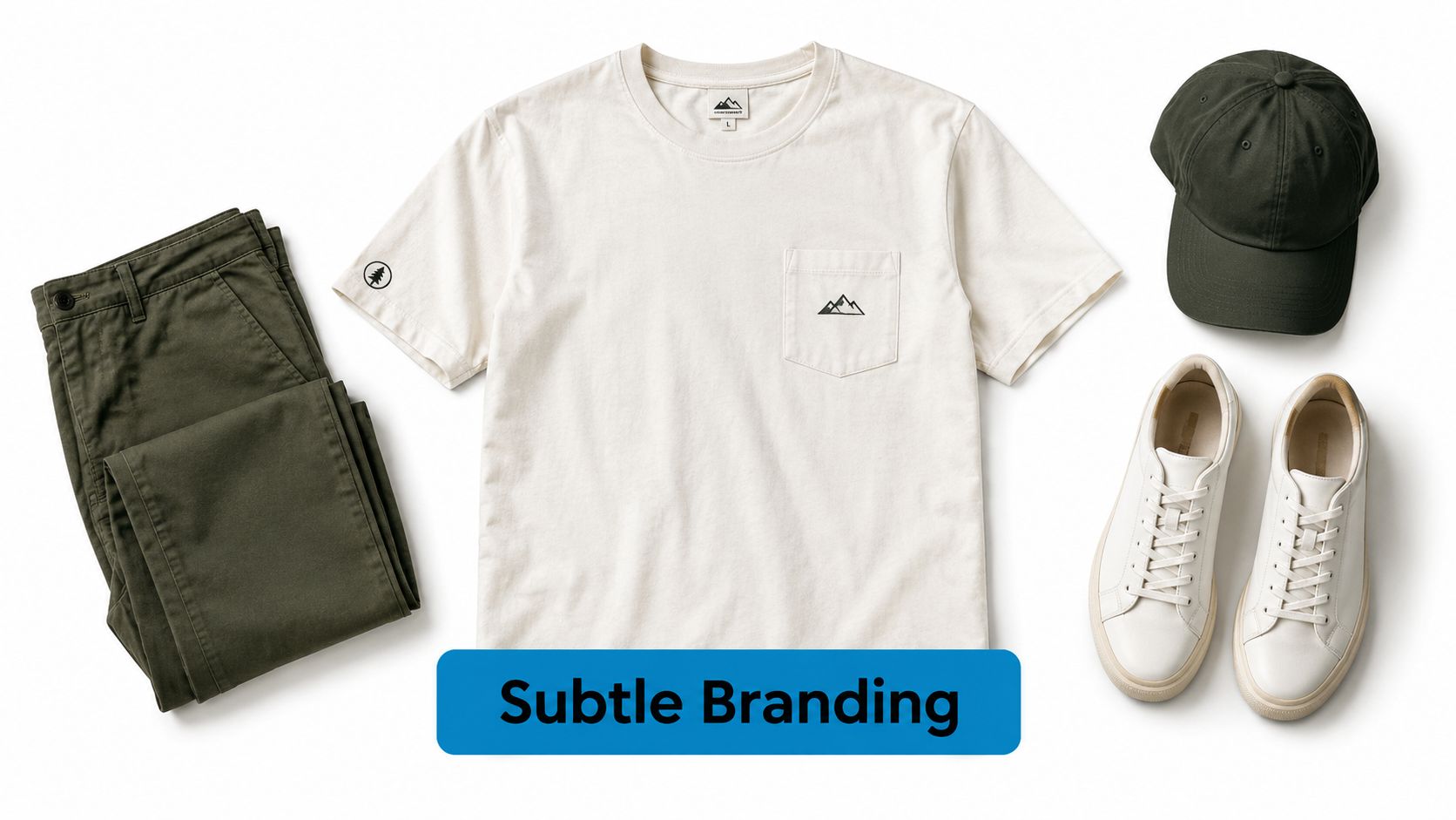 A flatlay of a cream t-shirt, olive green trousers, a baseball cap, and white sneakers.