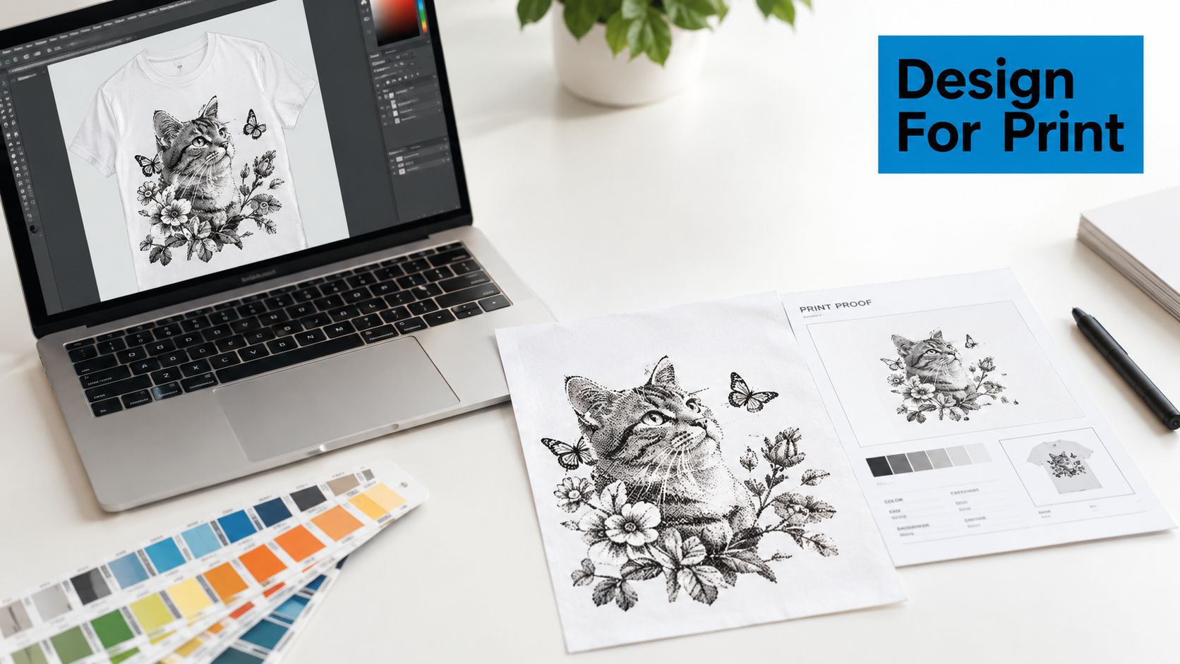 A professional graphic design workspace featuring a laptop with a cat illustration, a printed proof, and color swatches.